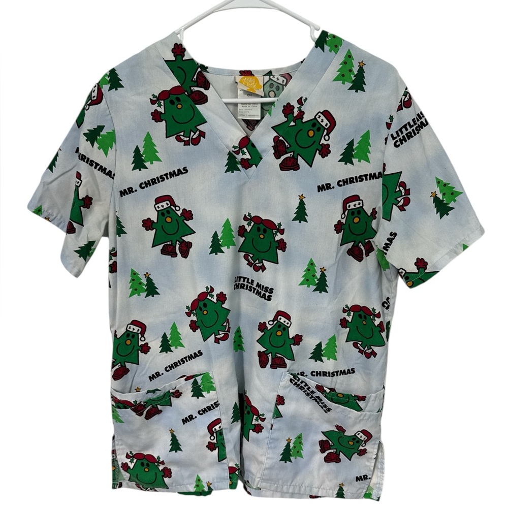 Mr. Men & Little Miss Christmas Tree Scrub Top Small White Festive